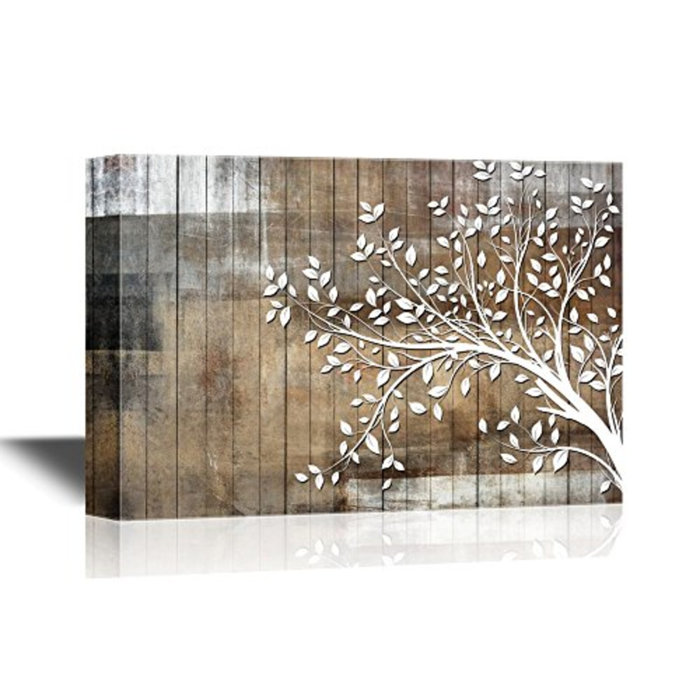 IDEA4WALL White Tree Branch With Leaves On Wood - Wrapped Canvas